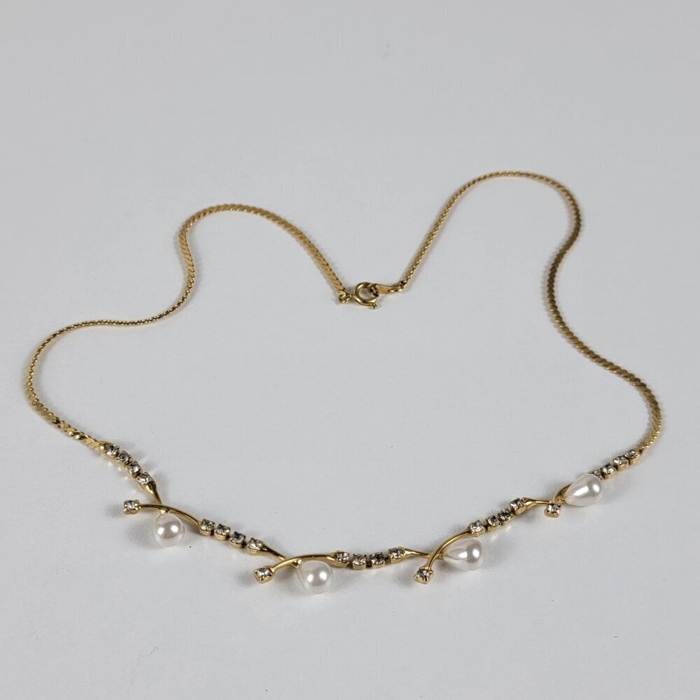 Vintage Gold-Tone Smoke Rhinestone White Faux Pearl Vine Necklace 18 In - Picture 6 of 11